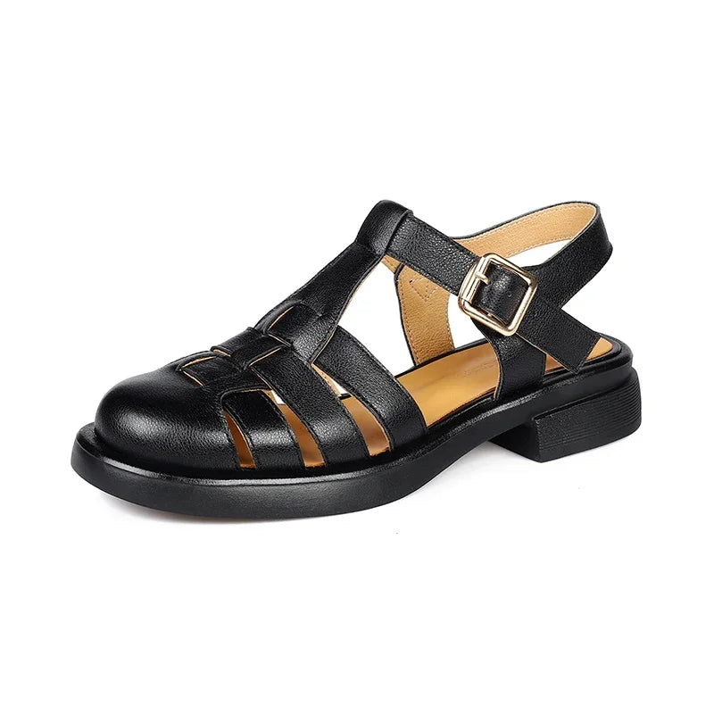 2023 Women Sandals Retro Genuine Leather Luxury Roman Sandals Casual Buckle Strap Summer Shoes GLADIATOR Thick Heel Women Shoes
