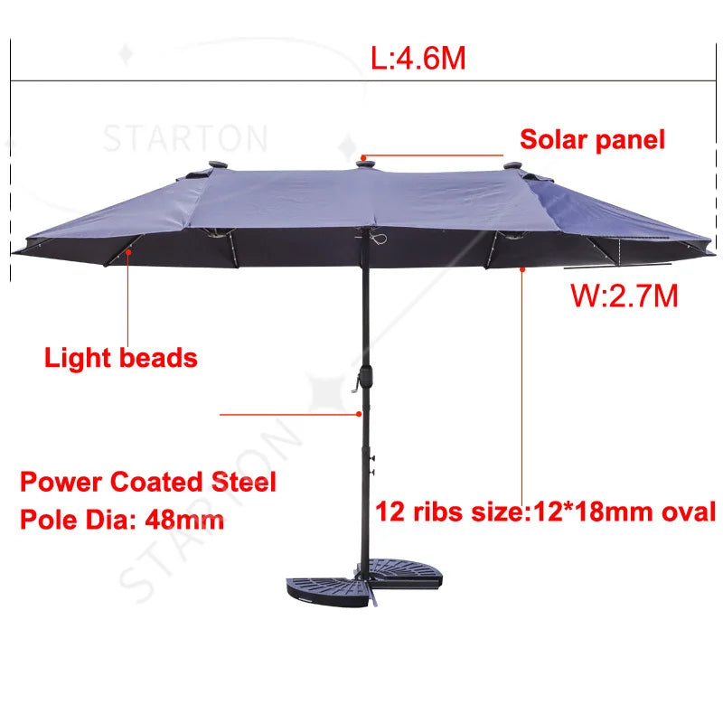 L  New Design Outdoor LED  Solar Powered Parasol 15ft Large Patio Garden Porch Double-sided Umbrella Table Twins Parasol