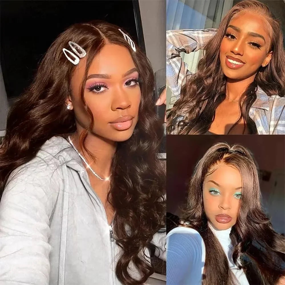 Smilegirl 250% Density Brown Body Wave Lace Frontal Wigs Human Blended Hair 13x4 HD Transparent Brown Body Wave Lace Frontal Wigs Chocolate Brown