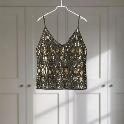 Sexy Sequins Beaded Camisoles Women Glitter Sleeveless Backless Pleated Sling Crop Tops 2026 Spring Summer Club Party Tank Lady