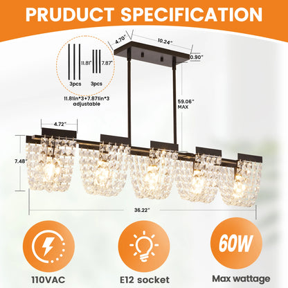 5-Light Luxury Gold Chandeliers for Living Room K9 Crystal Chandelier Fixture LED Lighting Decor for Bedroom Kitchen Island