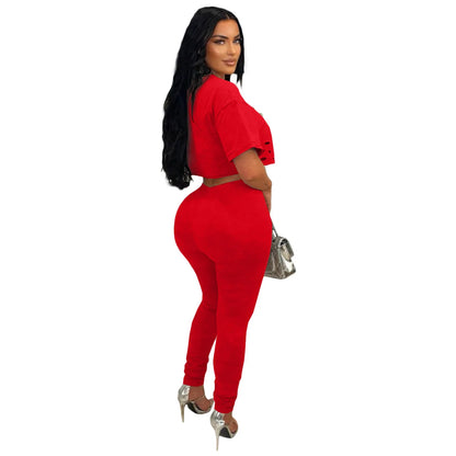 CM.YAYA Fashion Women's Set Hollow Out Hole Pin Short Sleeve T-shirt and Legging Pants 2025 Two 2 Piece Set Outfit Tracksuit