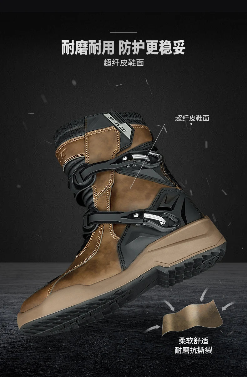 Retro Motorcycle Boots Cowhide Waterproof Mid-Calf Long riding Boots Men Women Riding Motocross Bota Motorbike Motocross Shoes