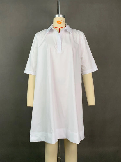 Fashion Women's White Shirt Dress Summer Half Sleeves Loose Solid Color Lapel Loose Casual Deep V-neck Mini Dresses