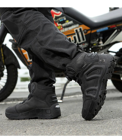 Men Motorcycle Riding Boots Waterproof Cowhide Leather Breathable Anti-Slip Wear-Resistant Street Moto Shoes