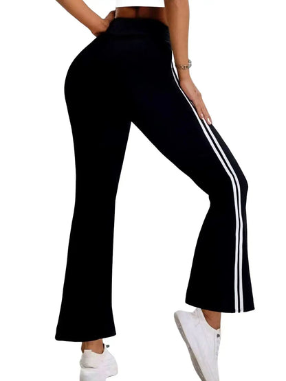 Women's Casual Sports Flared Pants, Side Stripe Design, High-Waisted and Hip-Lifting, Suitable for All Seasons, Slim-Fit Long Pants