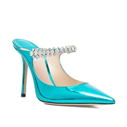 2025 New Fashionable Fine Heeled Muller Shoes with Pointed Water Diamond Chain Banquet Shallow Mouth Women's High Heel Sandals