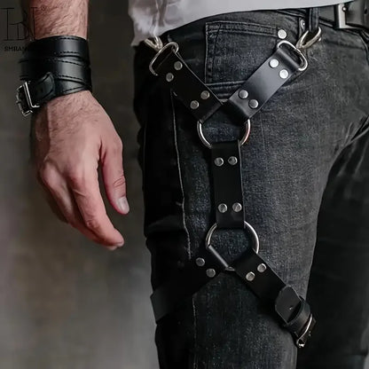 Adjustable Black Faux Leather Leg Harness Belt with Metal Buckles-Unisex Street Style for Performances,Retail Shows,and Casual W
