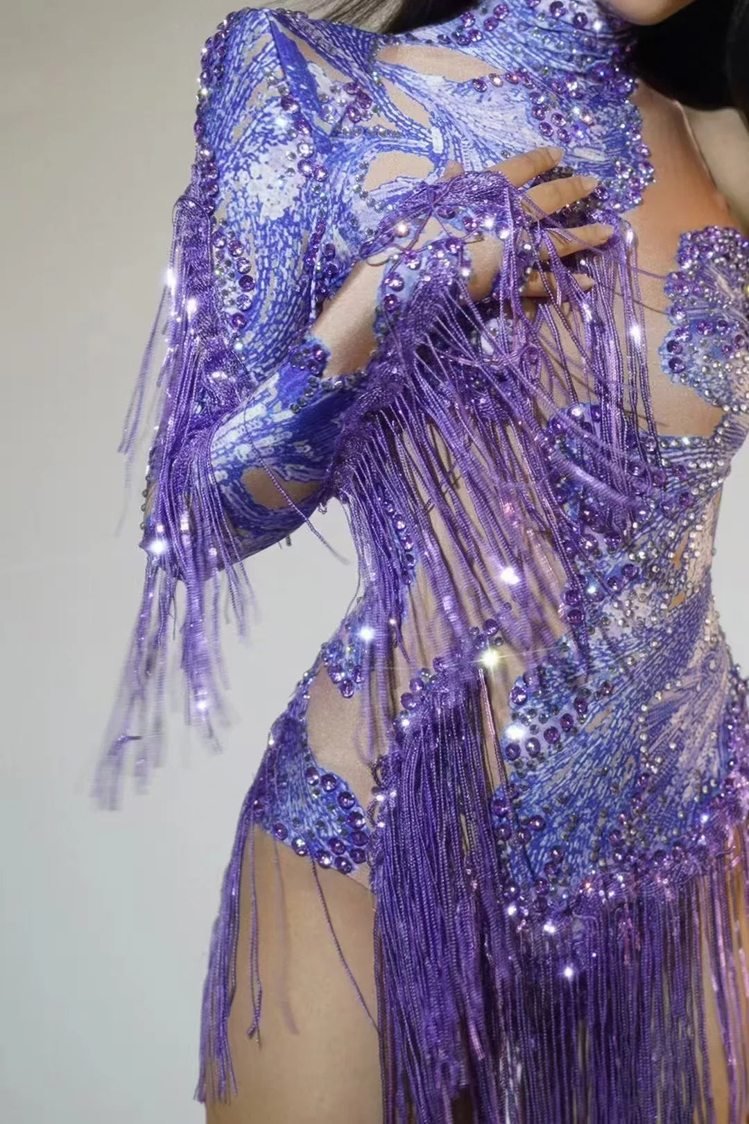 Rhinestones Women DanceCostume Fringes One Shoulder Bodysuit  Sexy Skinny Leotard Singer Dancer Show StageWear Sparkly Blue
