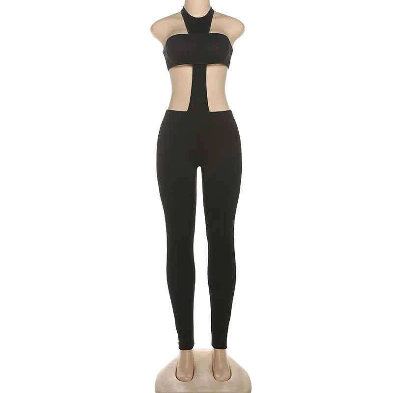 Women Sexy Black Cross Lace Up Halter Backless Skinny Jumpsuits Strapless Hollow Out Slim Night Club One Piece Overalls Rompers