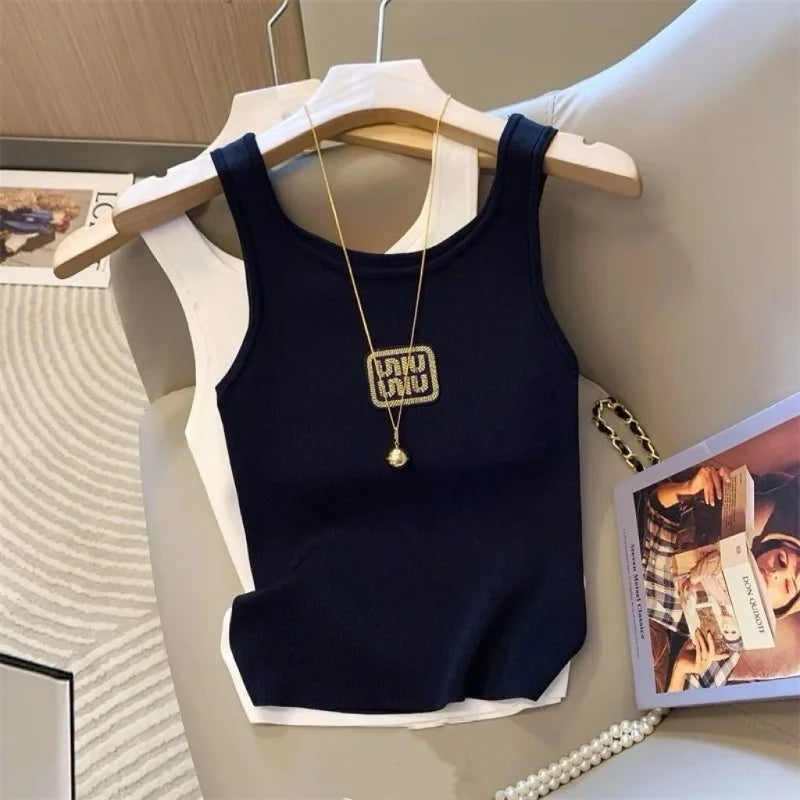 Women Summer Simplicity Slim Appear Thin Letter Embroidered Solid Color Camisole Ladies Fashion Office Lady All-match Trend Tops