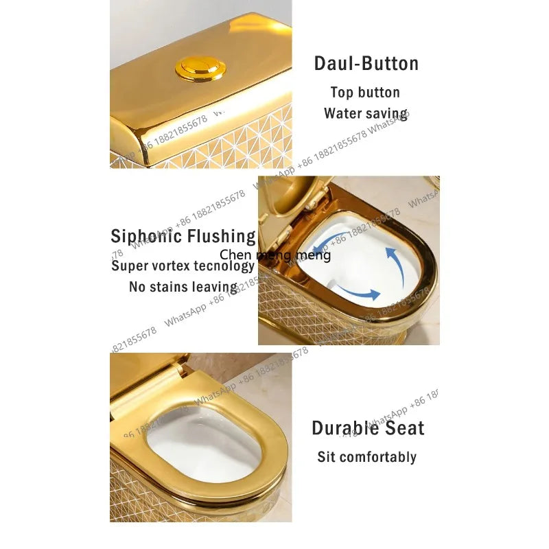 E136  Golden Toilet,Modern One-Piece Ceramic Toilet Bowl With S-Trap Drainage Dual-Flush Floor Mounted White Gold Color