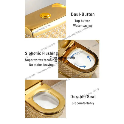 E136  Golden Toilet,Modern One-Piece Ceramic Toilet Bowl With S-Trap Drainage Dual-Flush Floor Mounted White Gold Color