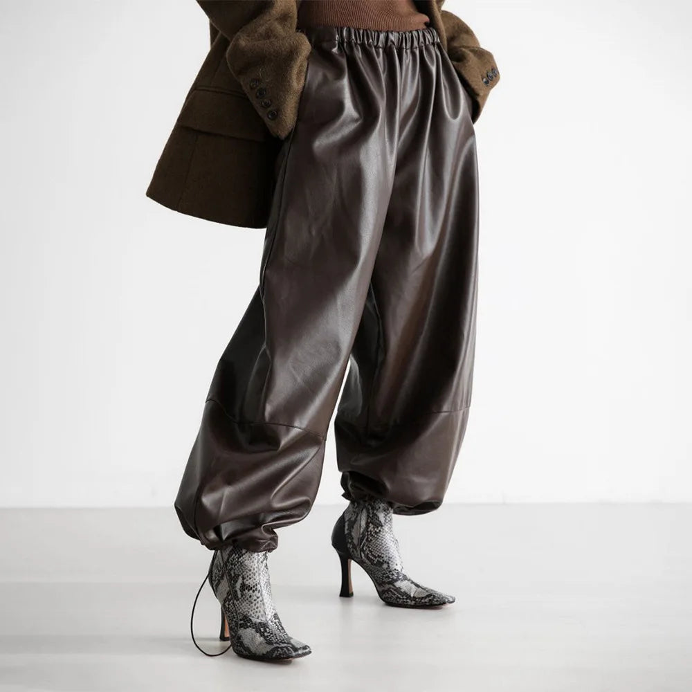 Autumn Women Pu Leather Elastic Waistband Lantern Pants Lady Casual Loose Shiny PU Trousers Trend Fashion Street Long Pants 2025
