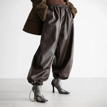 Autumn Women Pu Leather Elastic Waistband Lantern Pants Lady Casual Loose Shiny PU Trousers Trend Fashion Street Long Pants 2025