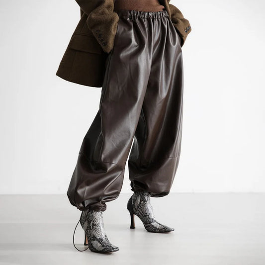 Autumn Women Pu Leather Elastic Waistband Lantern Pants Lady Casual Loose Shiny PU Trousers Trend Fashion Street Long Pants 2025
