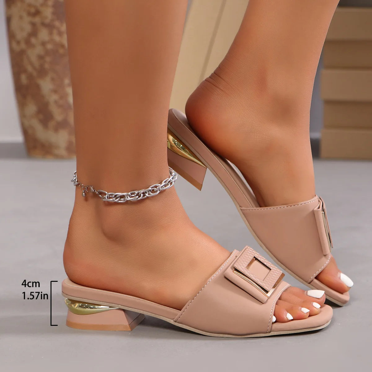 Fashion Women High Heel Slippers Summer Slip on Elegant Low Heel Shoes for Wedding Party Comfortable Non-slip Women's Slippers
