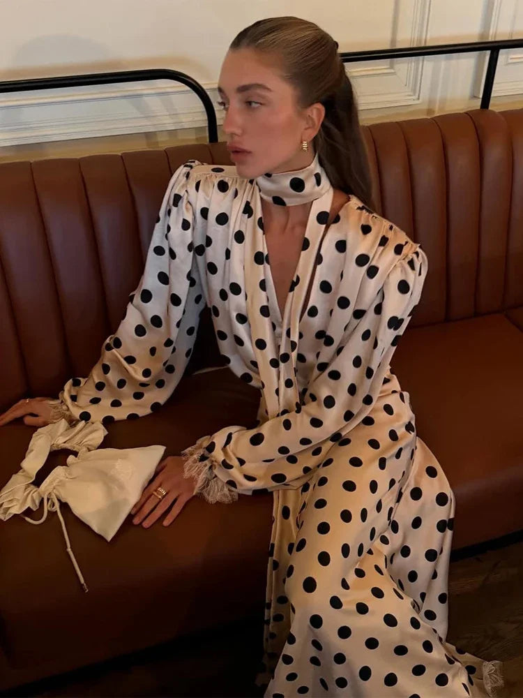 Black Polka Dot V Neck Shirt Skirt 2 Piece Set Elegant Women Long Sleeve Blouses With Scarf Suit 2026 Lady Commucate Outwear