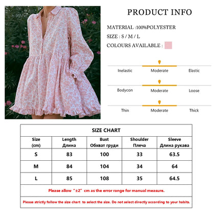 Clacive Fashion Loose Print Women's Dress 2024 Casual Lapel Long Sleeve Mini Dresses Elegant Classic Pleated Female Dress