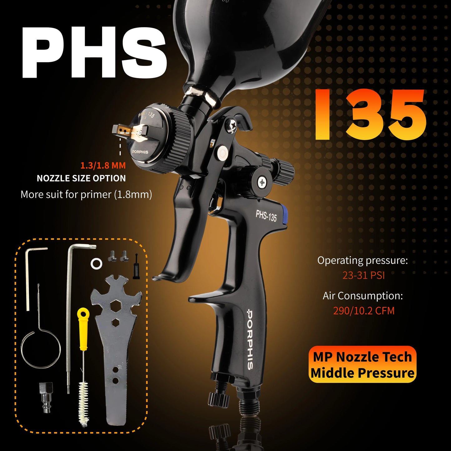 Original PORPHIS Spray Gun PHS-135 1.3mm/1.8mm Nozzle  For Painting Car Aerograph Repair Spray Gun Air Tools Oil And Water Paint