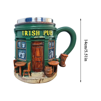 3D Pattern Irish Pub Stainless Steel Mug Home Bar Resin Crafts Ornaments Beer Mug Coffee Cup Drinking Utensils Xmas Holiday Gift