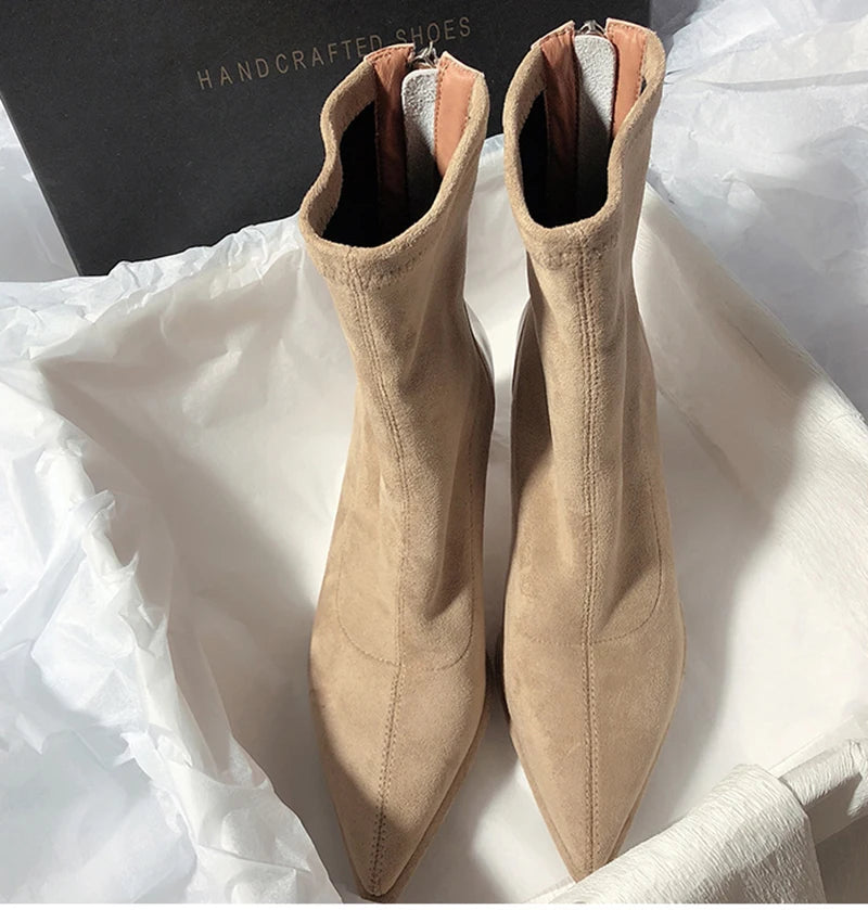 Square High Heel Women Ankle Boots Fashion Zippers Shoes Retro Style Autumn Winter Pointed Toe Ladies Dancing Party Prom Shoes