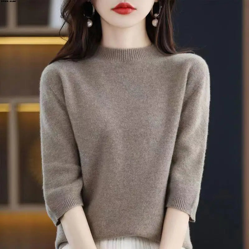 2026 New Soft Short Sleeve Women's Half High Neck Overhead Wool Blend Simple Loose Thin Seven Sleeve Woolen Sweater