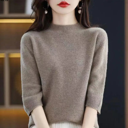 2026 New Soft Short Sleeve Women's Half High Neck Overhead Wool Blend Simple Loose Thin Seven Sleeve Woolen Sweater