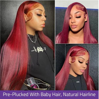 99J Red Burgundy Colored Lace Frontal Human Hair Wigs 13X6 HD  Straight Lace Front Wig250 Density Pre Plucked  Human Hair Wig