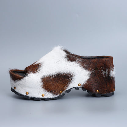 Italy Winter Shoes Women Designer Fur Sandals Calf Hair Platform Clogs Luxury with Wool Lined Slip On Mules with Leather Strap