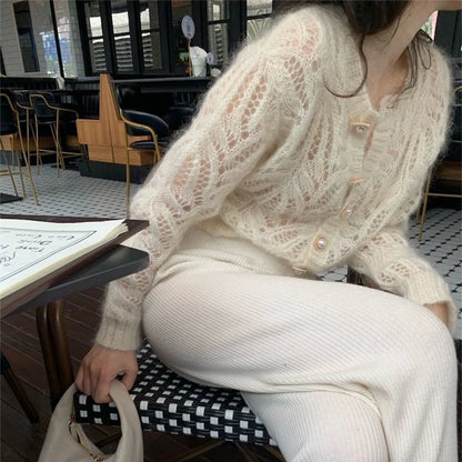 2025 French Style Mohair Cardigan Sweater Women Autumn Sexy Hollow Out Short Knitted Coats Mujer Y2K Chic Design Streetwear Tops