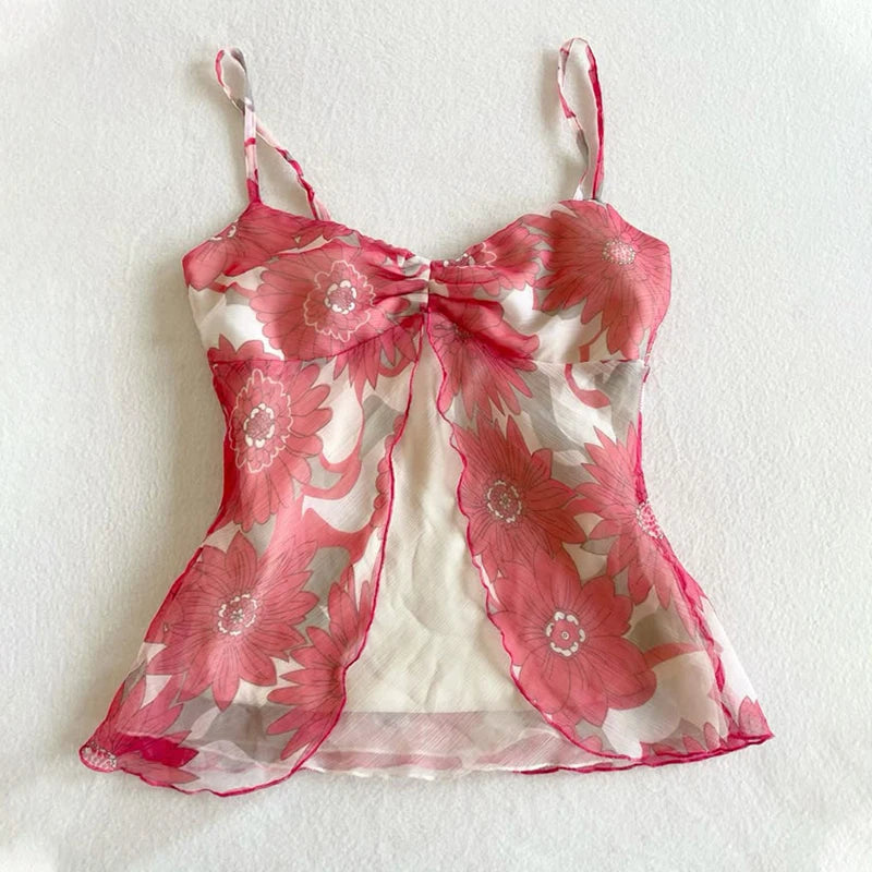 Y2k Summer New Solid Sling Tops Kawaii Lace Bow Inside A Sling Vest 90s Aesthetics Crop Top Women Pink Tank Top Fashion Punk Top