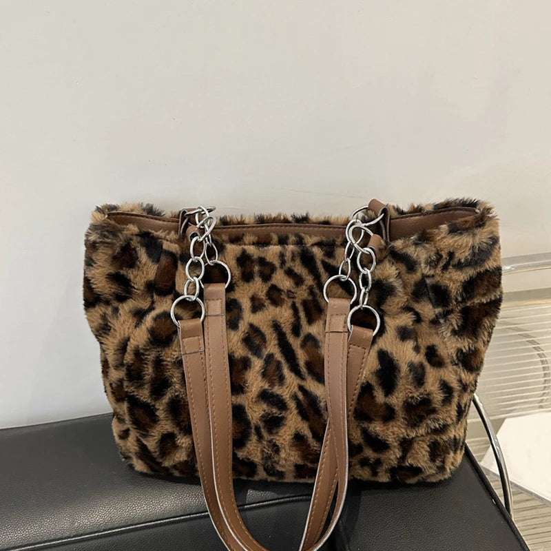 New Leopard Print Fur Bags Women Fashion Portable Faux Fur Handbags Winter Soft Warm Bag Girls Fluffy Large Capacity Tote Purse