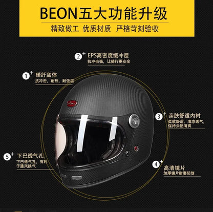 BEON Lightweight Fiberglass Full Face Helmet for Men Women Retro Motorcycles Helmet Cool and Personalized Karting Helmet B510