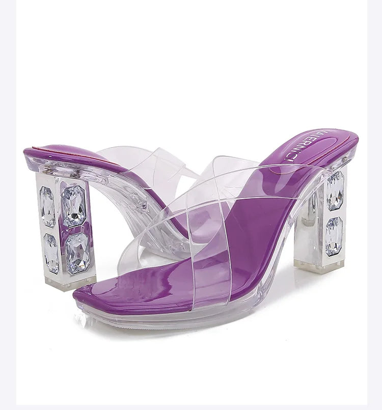 2025 Red High Heels 8cm Women Shoes Rhinestone Thick Heels Square Toe Ladies Pumps Cross Tie Straps Slippers Sandals Party Shoes