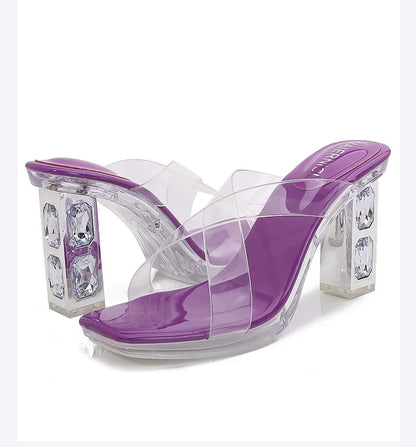 2025 Red High Heels 8cm Women Shoes Rhinestone Thick Heels Square Toe Ladies Pumps Cross Tie Straps Slippers Sandals Party Shoes