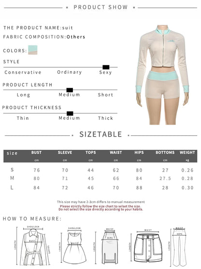 Nibber Embroidery Letter Patchwork Women 2 Piece Set Zip Crop Jacket+Mini Shorts Stretch Casual Street Sporty Hipster Outfits