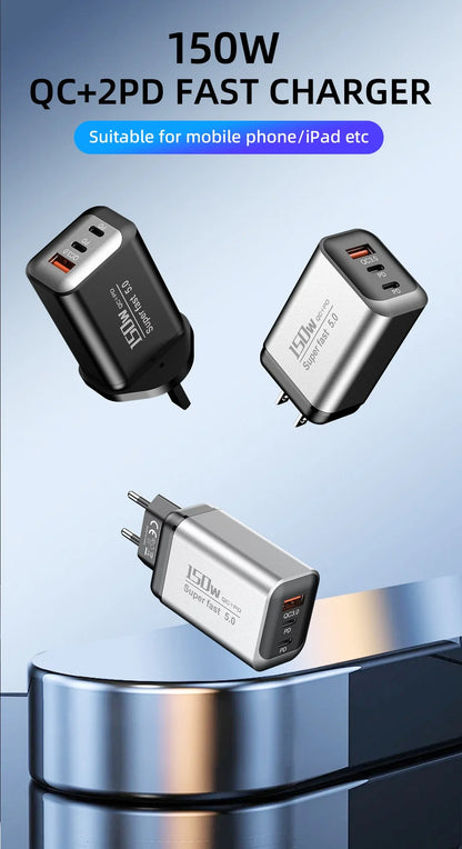 150W USB Type C Charger USB QC3.0 Fast Charging Mobile Phone Charger Travel Adapter For iPhone 17 Samsung Xiaomi EU/UK/US Plug