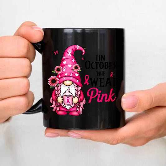 Ceramic mug, black elf with pink ribbon and flowers, October we wear pink breast cancer awareness design for breast cancer aware