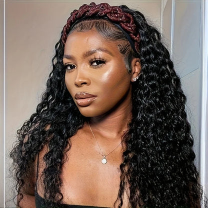 Human Hair 200% Density Headband Wig Human Hair Wigs Wear and Go Glueless Wig Curly Deep Wave Headband Wig Natural Color