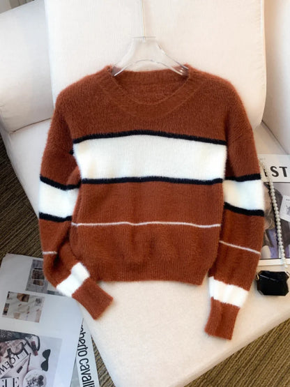 2026 New Winter Color Block Crew Neck Pullover Sweater,Crop Top Casual Long Sleeve Drop Shoulder Sweater Women's Clothing