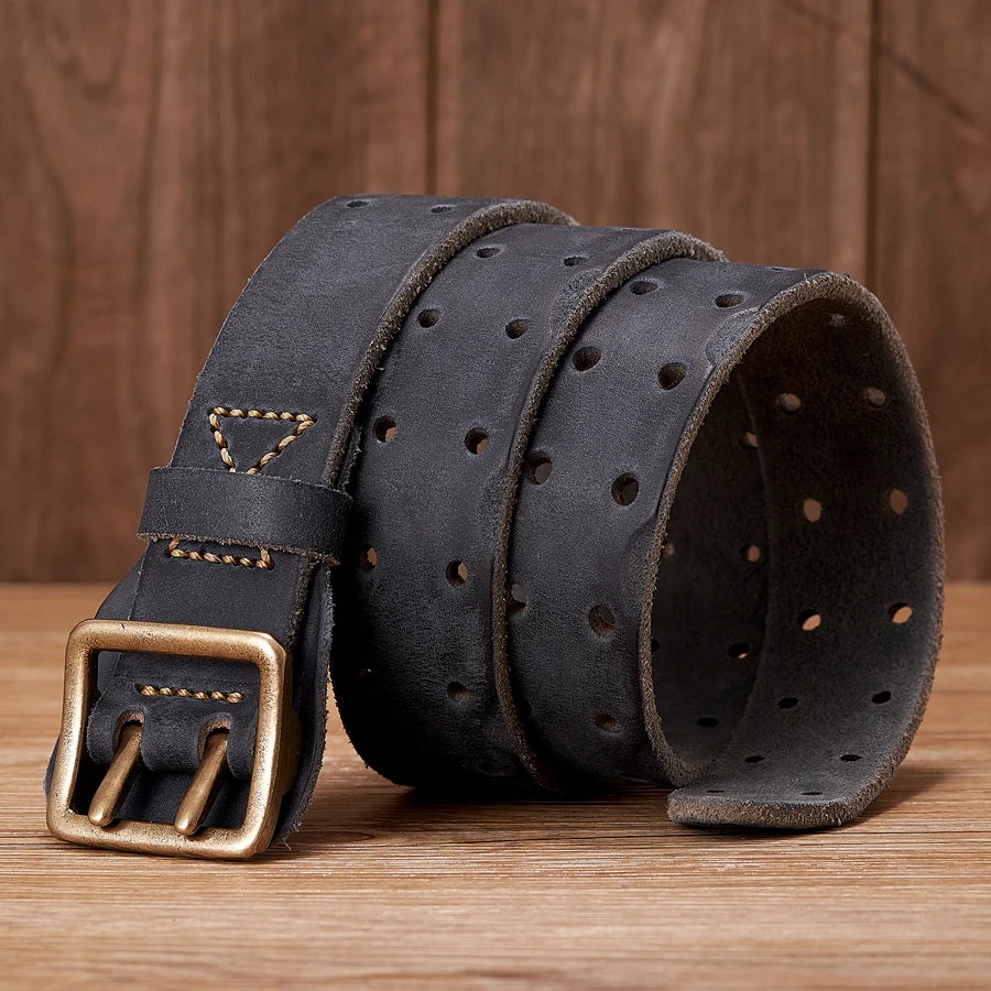 3.8CM Original Handmade Double-needle Buckle Men Belt Washed Water Made Old Macho Jeans Belt Genuine Leather Army Tactical Belt