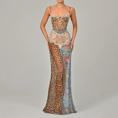Leopard Printed Patchwork Lace Dress Women's Irregular See Though Button Sling Vestidos Sexy Summer Beach Party Gowns New