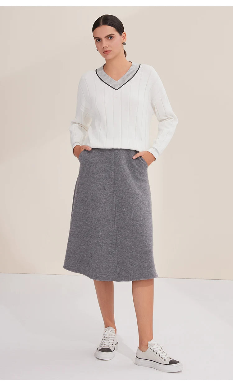 BY4521246 Women's Luxurious V-Neck Long Sleeve Sweater 100% Cotton Casual Knitted Pullover Fall Winter 2025