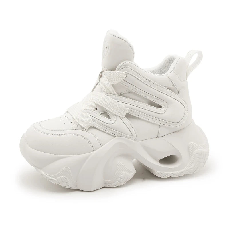 Chunky Platform Hidden Height Increasing Sneakers Casual Lace Up Shoes In White And Grey With Hollow Out Design For Streetwear
