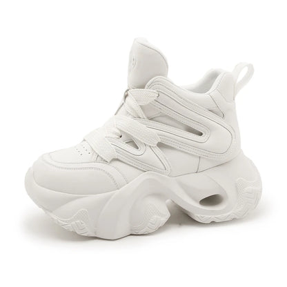 Chunky Platform Hidden Height Increasing Sneakers Casual Lace Up Shoes In White And Grey With Hollow Out Design For Streetwear