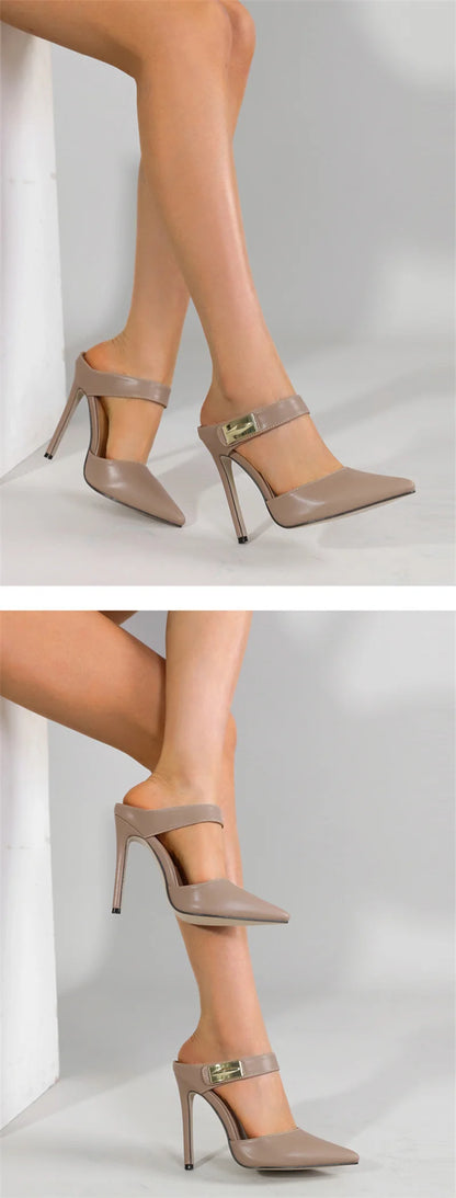 Liyke Fashion Design Metal Decoration Strap Women Pumps Slippers Cozy Leather Pointed Toe Black High Heels Shoes Stiletto Sandal