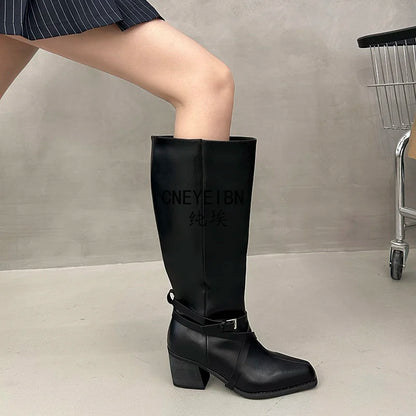New Women Square Toe Cross Strap Buckle Knee High Boots Leather Chunky Heel Vintage Tall Boots Ladies Daily Commute Botas Mujer