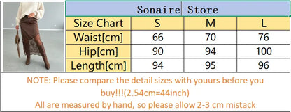 Lady Elegant Patchwork Lace Skirts Fashion High Waist Slim Hollow Out Maxi Skirts 2026 Autumn Women Brown Party Club Skirt