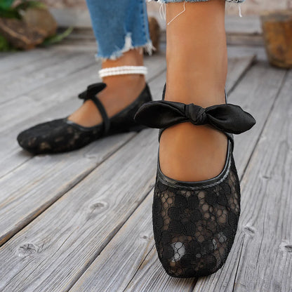 Plus Size 43 Women Fashion Ballet Flats Breathable Laces Square Toe Spring Summer Flat Shoes For Female Daily Walking Loafers